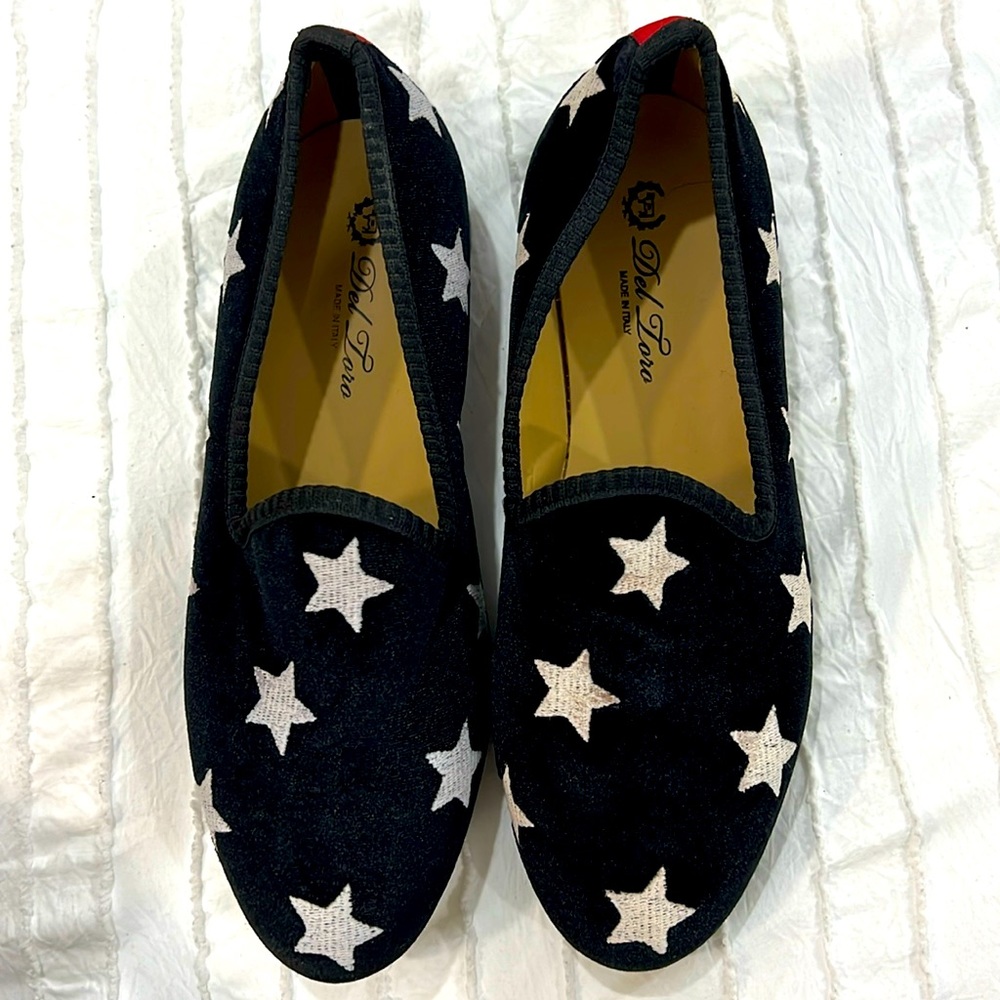 Del Toro Navy Velvet Slippers with White Stars – Size 7, Made in Italy